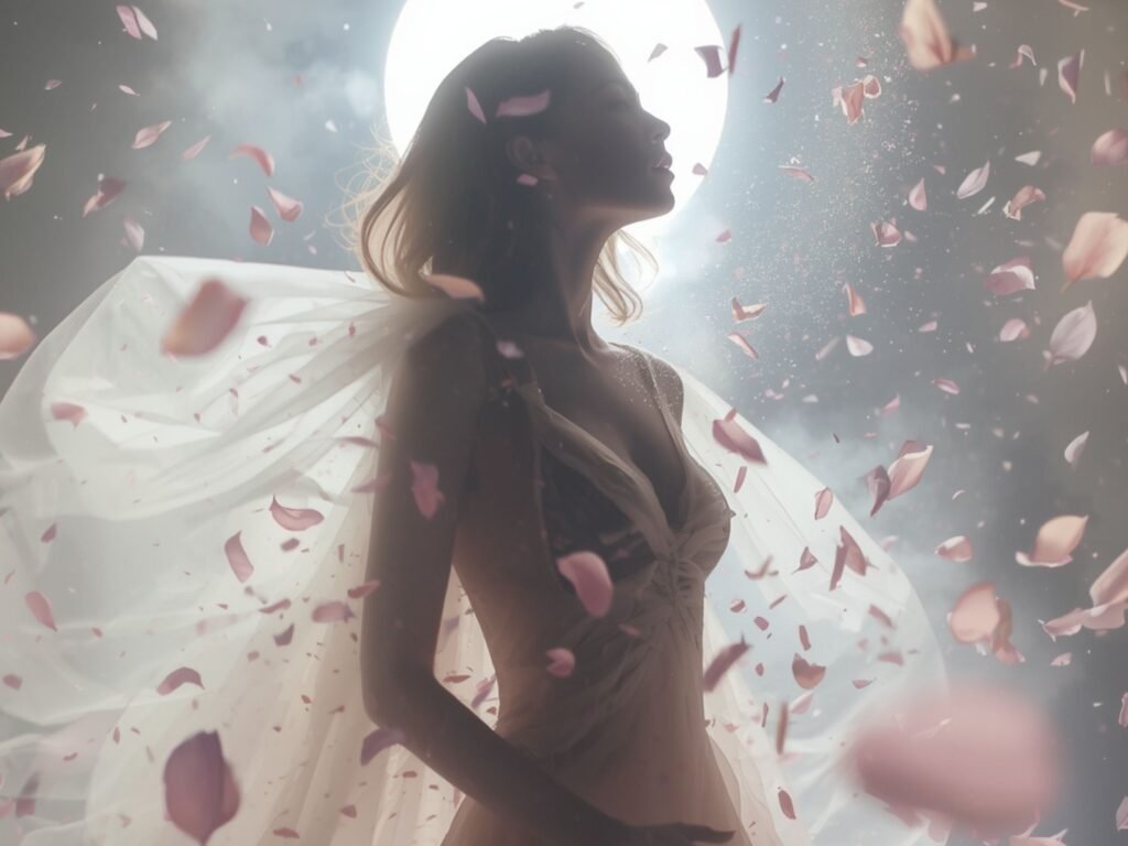 Silhouette einer Frau im Mondlicht mit fließendem Stoff und Blütenblättern als Symbol für Neubeginn, Freiheit und persönliche Transformation